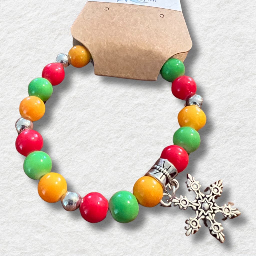 Red, Green And Yellow Stretchy Bracelet With Silver Snowflake Charm
